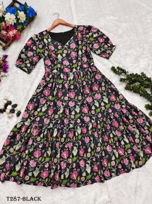 Fancy Black Pure Muslin Flower Work One Piece Dress