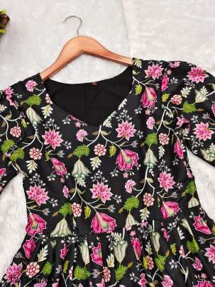 Fancy Black Pure Muslin Flower Work One Piece Dress