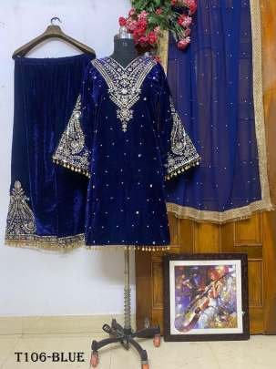 Women Wear Fancy Blue Velvet Kurti Palazzo Set