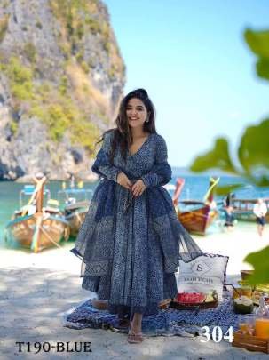 Fancy Blue Pure Muslin With Kurti Pant Dupatta Set