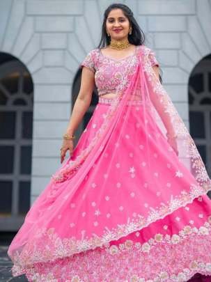 Fancy Chinon Pink Heavy Embroidery Sequence Work Lehenga