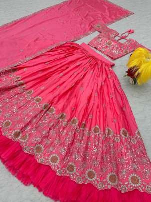 Fancy Chinon Pink Heavy Embroidery Sequence Work Lehenga