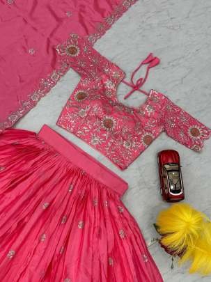 Fancy Chinon Pink Heavy Embroidery Sequence Work Lehenga