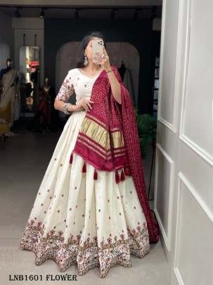 Fancy Cotton White With Red Flower Pattern Lehenga