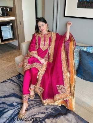 Fancy Dark Pink Chinon Silk Kurti Pant Dupatta Set