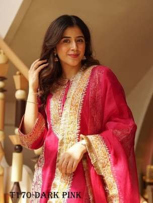 Fancy Dark Pink Chinon Silk Kurti Pant Dupatta Set