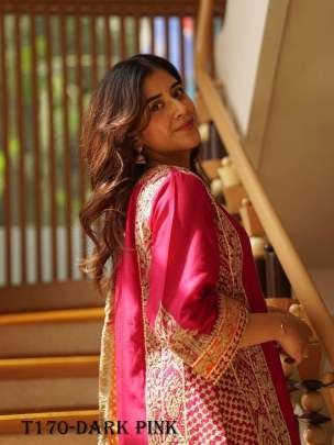Fancy Dark Pink Chinon Silk Kurti Pant Dupatta Set