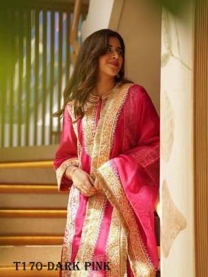 Fancy Dark Pink Chinon Silk Kurti Pant Dupatta Set