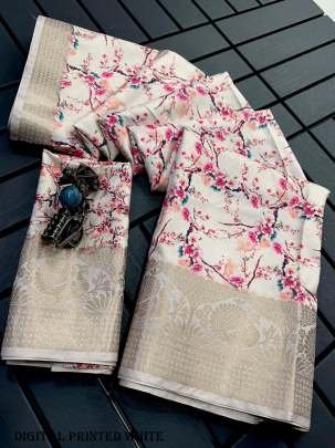Fancy Dola Silk Digital Printed White Saree