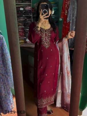 Fancy Embroidery Work Red Pure Chinon Silk Kurti Pant Set