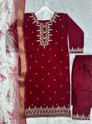 Fancy Embroidery Work Red Pure Chinon Silk Kurti Pant Set