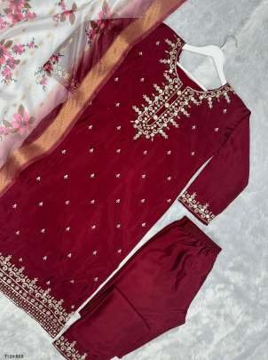 Fancy Embroidery Work Red Pure Chinon Silk Kurti Pant Set