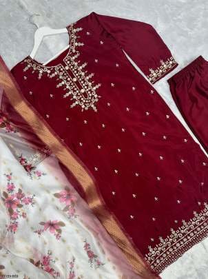 Fancy Embroidery Work Red Pure Chinon Silk Kurti Pant Set