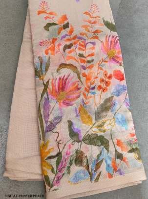 Fancy Floral Digital Printed Cream Linen Silk Saree