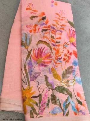 Fancy Floral Digital Printed Pink Linen Silk Saree