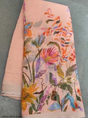 Fancy Floral Digital Printed Peach  Linen Silk Saree