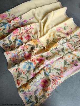 Fancy Floral Digital Printed Sky Blue Linen Silk Saree