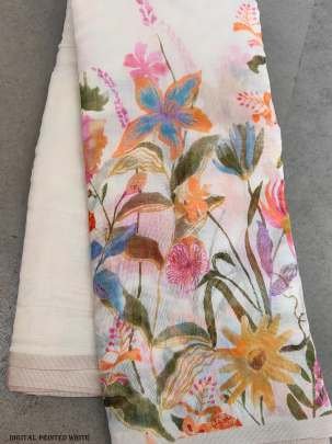 Fancy Floral Digital Printed White Linen Silk Saree