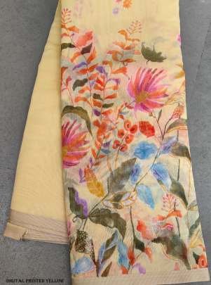 Fancy Floral Digital Printed Yellow Linen Silk Saree