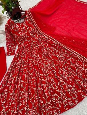 Fancy Full Sleeves Georgette Red Gown