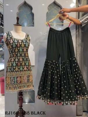 Fancy Georgette Embroidery Sequence Work Black Top Sharara Dupatta Set