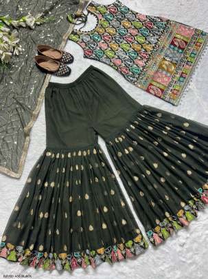 Fancy Georgette Embroidery Sequence Work Black Top Sharara Dupatta Set