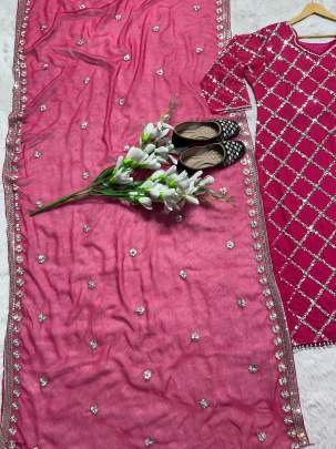 Fancy Georgette Sequence Embroidered Pink Kurti Pant With Dupatta