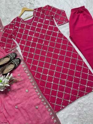 Fancy Georgette Sequence Embroidered Pink Kurti Pant With Dupatta