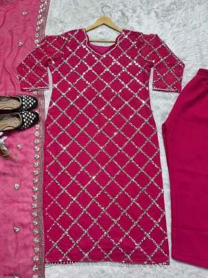 Fancy Georgette Sequence Embroidered Pink Kurti Pant With Dupatta