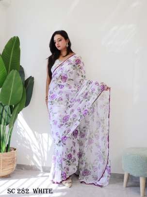 Fancy Georgette Silk  White With Purple Flower Pattern Saree