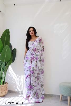 Fancy Georgette Silk  White With Purple Flower Pattern Saree