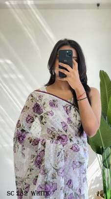 Fancy Georgette Silk  White With Purple Flower Pattern Saree