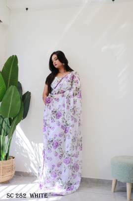 Fancy Georgette Silk  White With Purple Flower Pattern Saree