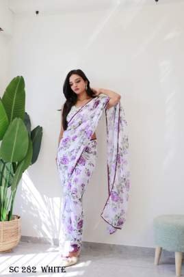 Fancy Georgette Silk  White With Purple Flower Pattern Saree