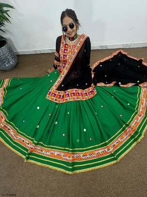 Fancy Green Navaratri Embroidered Lehenga Choli With Real Mirror Hand Work