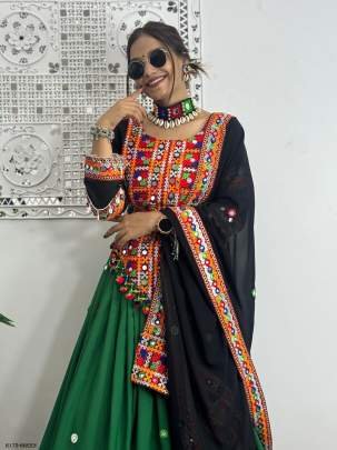 Fancy Green Navaratri Embroidered Lehenga Choli With Real Mirror Hand Work