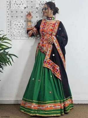 Fancy Green Navaratri Embroidered Lehenga Choli With Real Mirror Hand Work