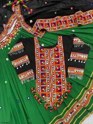 Fancy Green Navaratri Embroidered Lehenga Choli With Real Mirror Hand Work