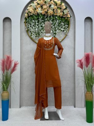 Fancy Hand Work Georgette Suits With Pant And Dupatta