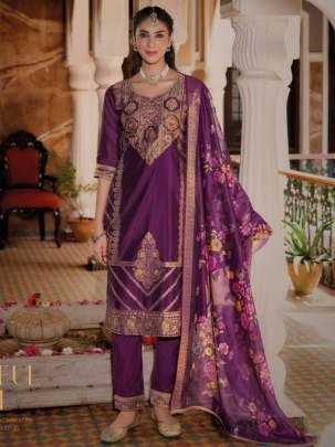 Fancy hand Work Wine  Kurti Pant Dupatta Set