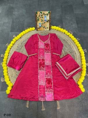 Fancy Heavy Rani Chinon Kurti Pant Set With Dupatta