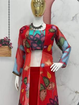 Fancy Kalamkari Print Georgette Plazzo Top Shrug Set