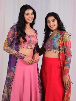 Fancy Kalamkari Print Georgette Plazzo Top Shrug Set