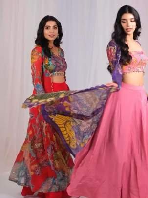 Fancy Kalamkari Print Georgette Plazzo Top Shrug Set