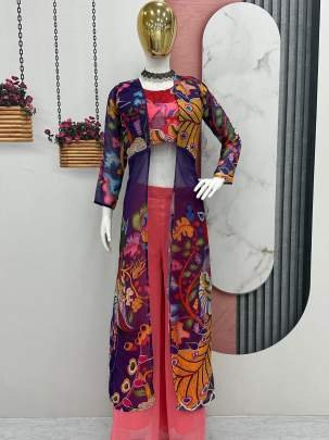 Fancy Kalamkari Print Georgette Plazzo Top Shrug Set