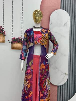 Fancy Kalamkari Print Georgette Plazzo Top Shrug Set