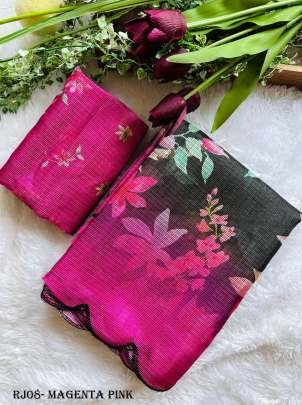 Fancy Kota Doria Magenta Pink Flowers Print Saree