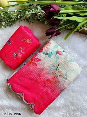 Fancy Kota Doria Pink Flowers Print Saree