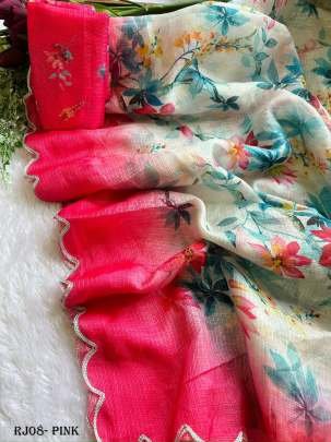 Fancy Kota Doria Pink Flowers Print Saree