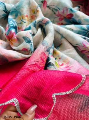 Fancy Kota Doria Pink Flowers Print Saree